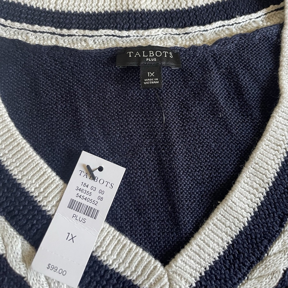 Talbots Linen V-Neck Sweater 1X Navy White Lightweight Summer Pullover NWT $99 - Picture 5 of 7